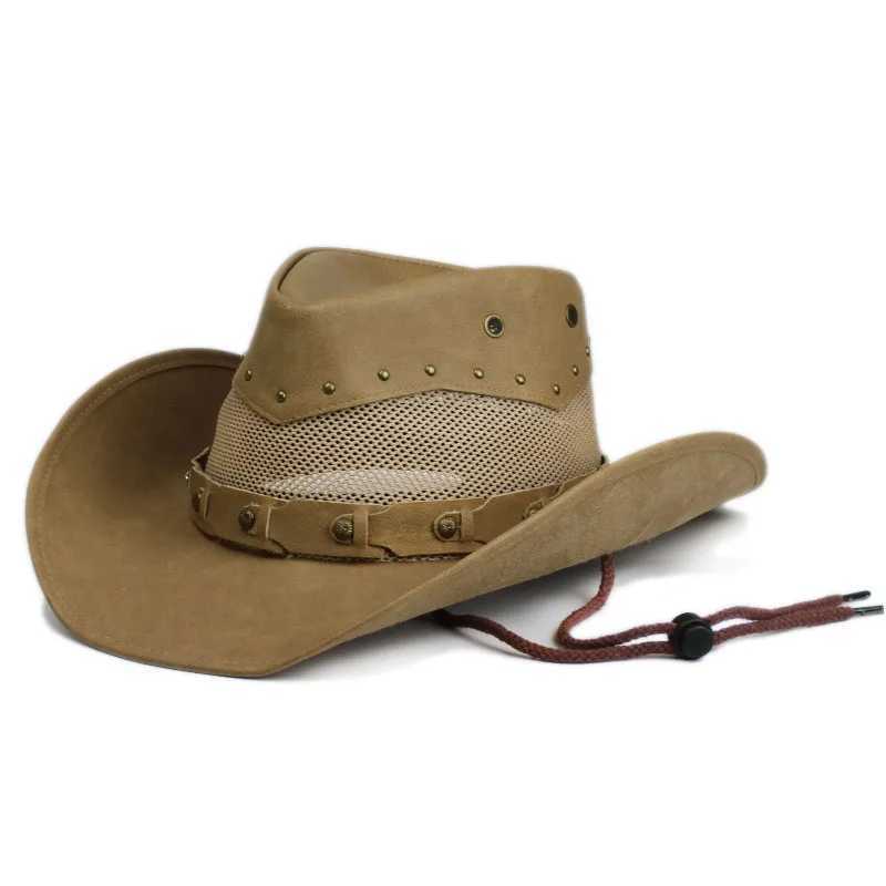 Unisex womens retro breathable mesh leather roll width Brim Sunscreen C beach denim cowboy girl western warm hat 58-60cm W241225