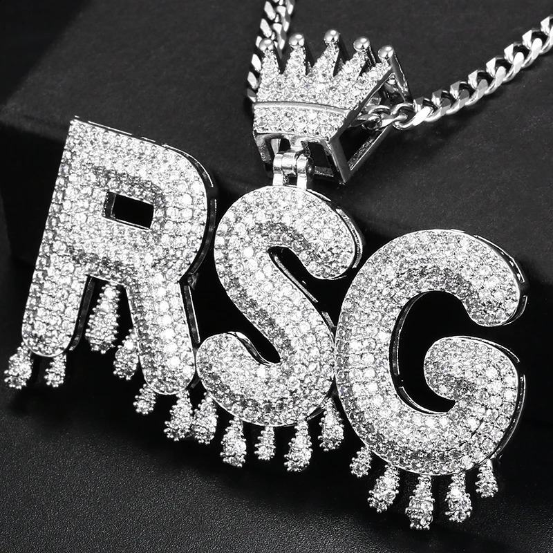 Iced Out Letter Custom Name Necklace Pendant For Men Hip Hop Jewelry Personalized Crown Drippy Cubic Zircon Charms Gift 241226