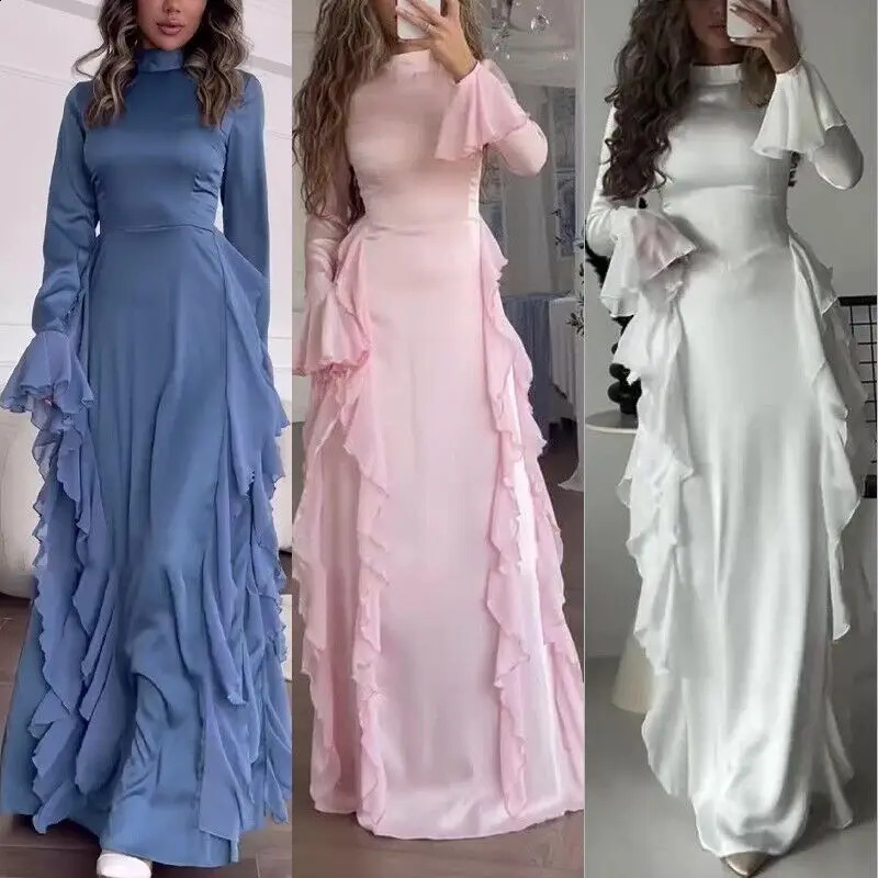 Womens Flare Sleeve Ruffle Dress Muslim Party Gowns Dubai Abaya Turkey Robe Elegant Female Robe Islamic Gown Autumn Fashion 241223