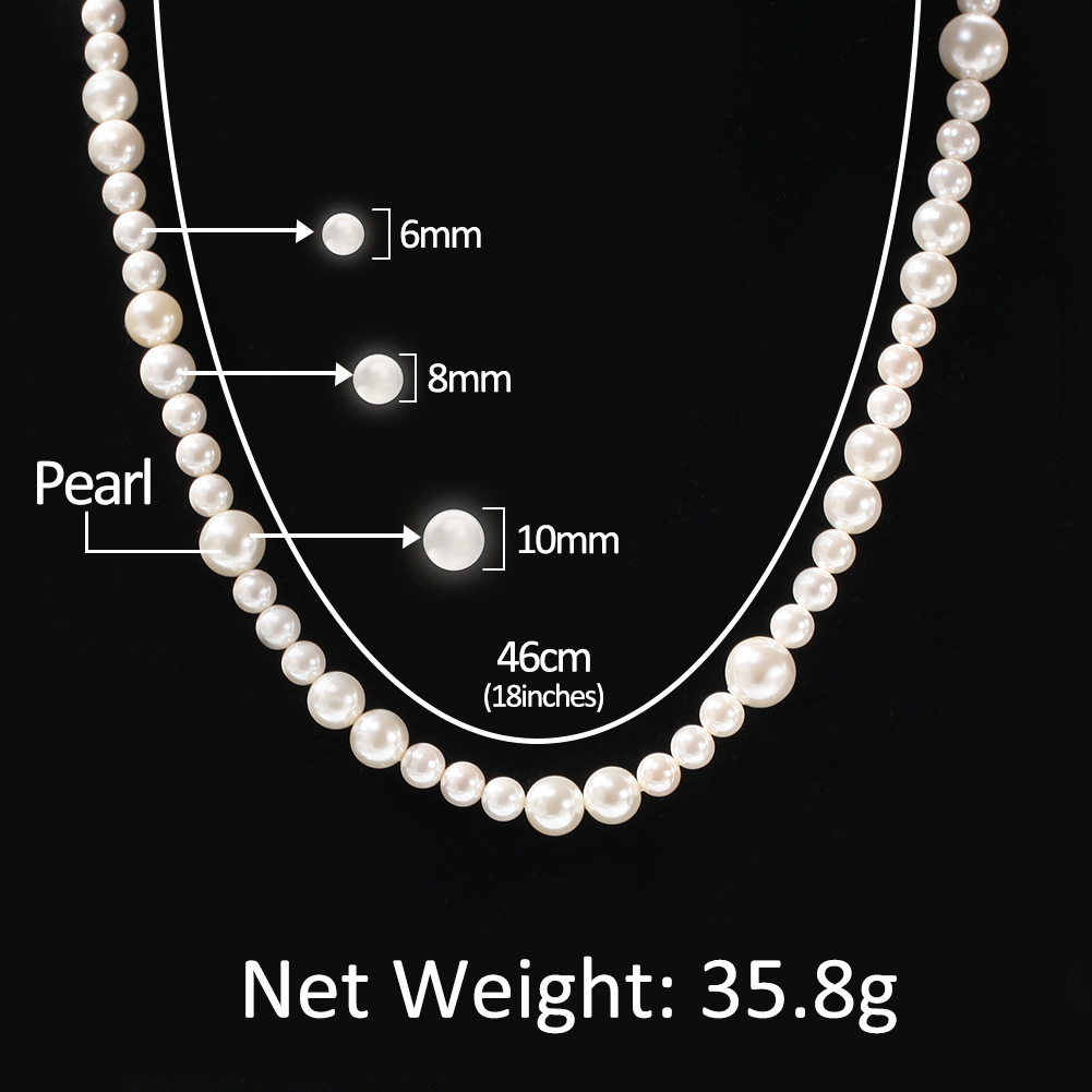 6-10mm Hip Hop Simple Design White Pearl Beaded Necklace Multi Size Mixed Beads Versatile Necklaces For Men And Women Bijoux Collar