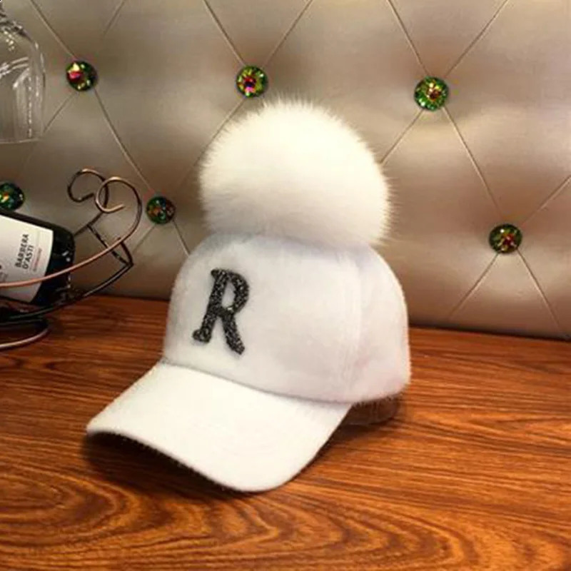 Autumn Winter Warm Baseball Cap Women Rhinestone Letter Pompom Hip Hop Caps Ladies Girls Fur Ball Casual Sun Hats 241226