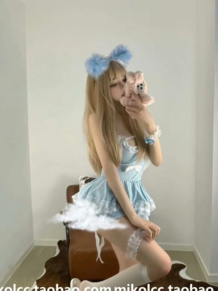 WOMENGAGA Exotic Sexy Kawaii Cute Backless JK Lolita Maid Uniform Tank Mini Dress Blue Sweet Korean Girl Fairy Tops 0QTU 241226