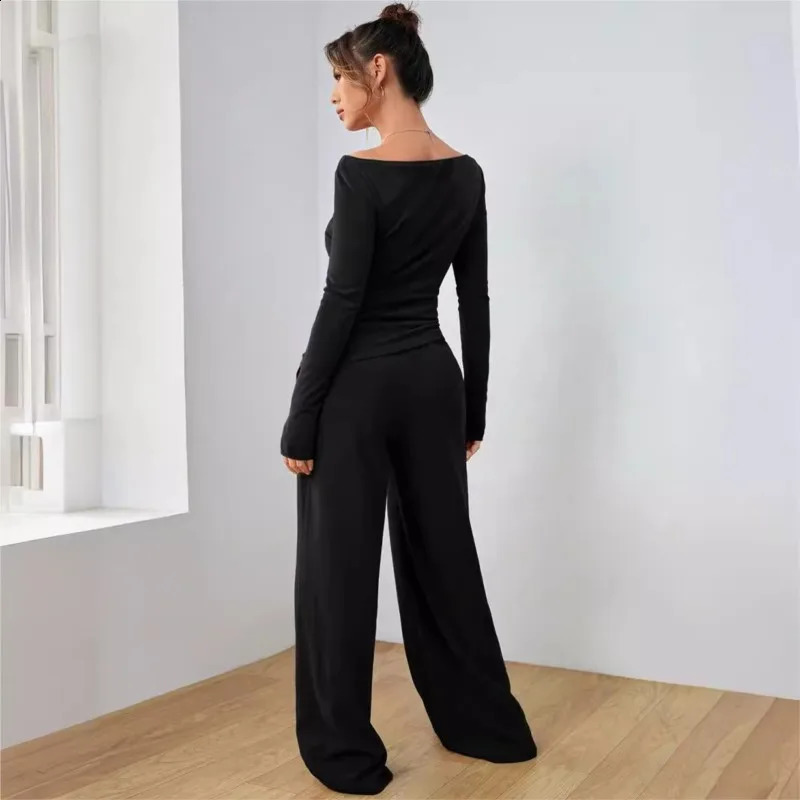 Womens Suit Solid Color Long Sleeve Casual Wide Leg Pants Fashion Two Piece Suit Home Clothing 241224