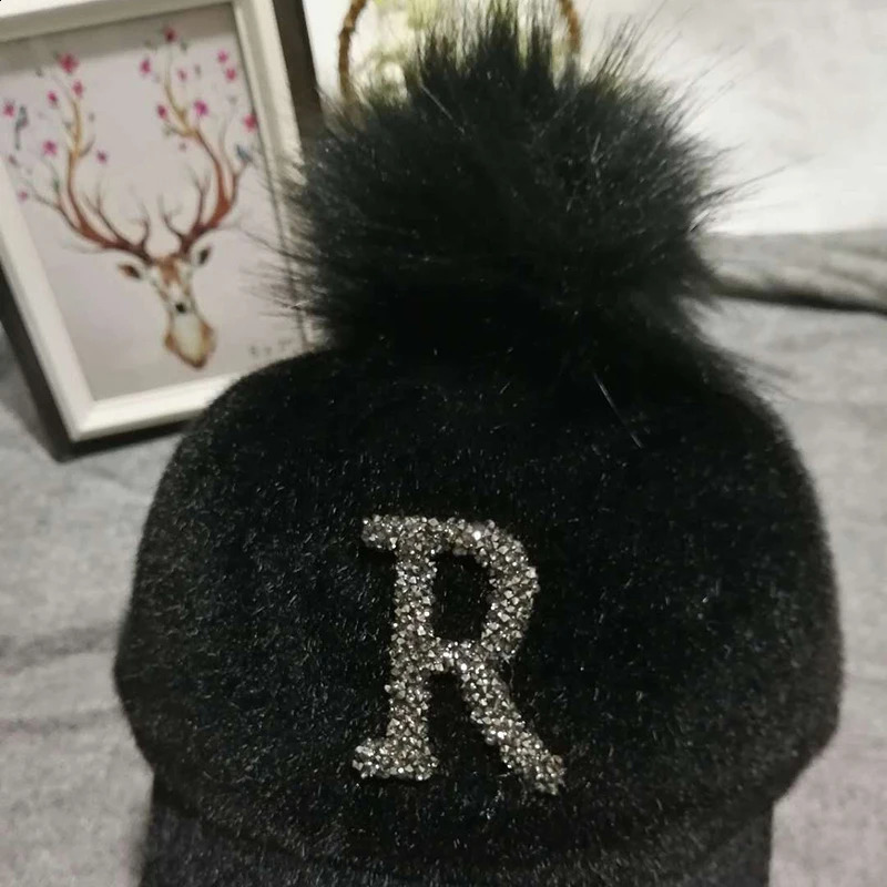 Autumn Winter Warm Baseball Cap Women Rhinestone Letter Pompom Hip Hop Caps Ladies Girls Fur Ball Casual Sun Hats 241226