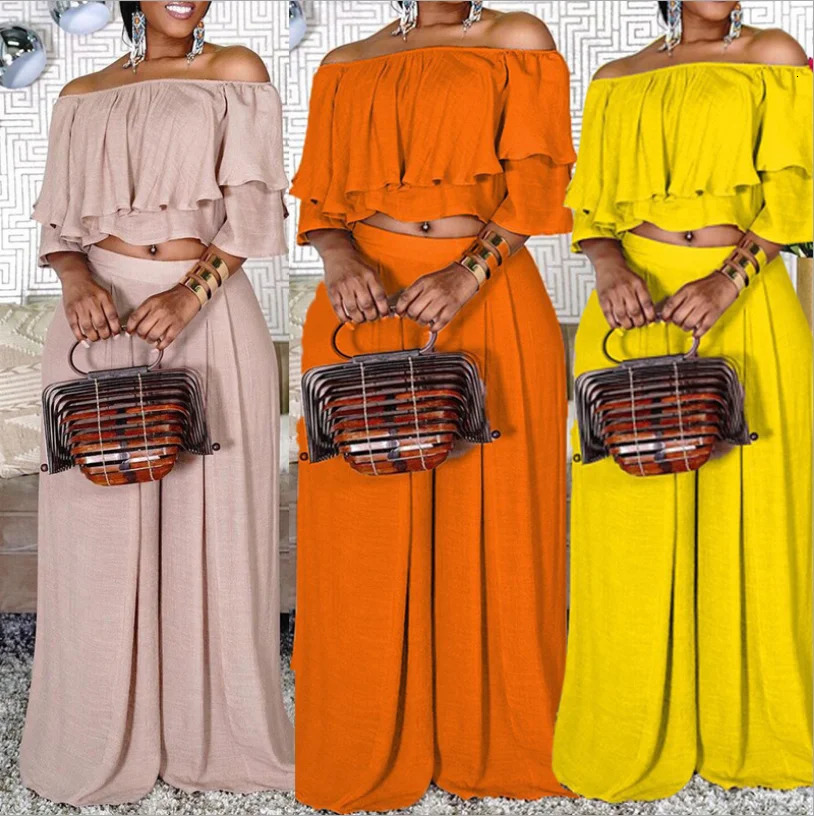 Slash Neck Women Pure Color Two Piece Sets Plus Size Cascading Ruffles Tops Elastic Waist Wideleg Pants Casual Outfits Autumn 241220