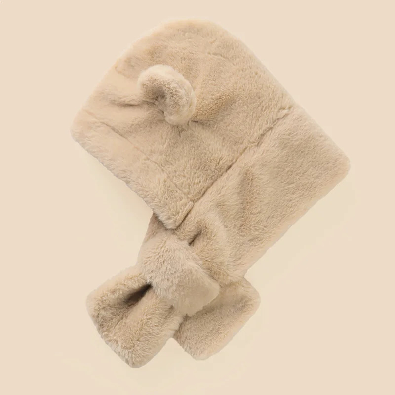 Winter Baby Hat Scarf OnePiece Faux Fur Kids Hats Cartoon Bear Warm Neck Ear Cap for Boys Girls Windproof Beanies Infant Stuffs 241225