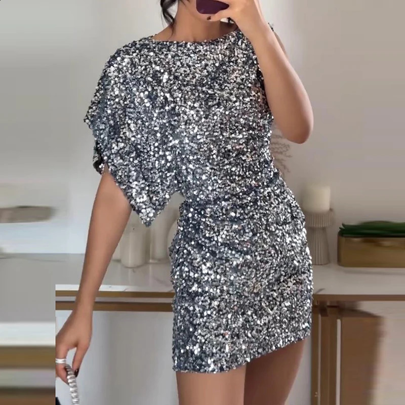 Elegant Solid Slim Dress Ladies O-neck High Waist Draped Evening Dress Spring Summer One Shoulder Sleeves Sequins Mini Dress 241226