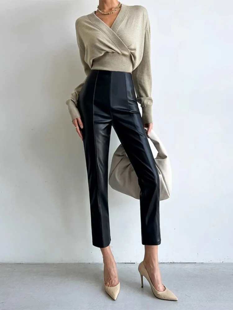 PU Autumn Winter Leather Pencil Pant Women Bodycon Fashion Office High Waist Ladies Trousers Casual Woman Pants 241223
