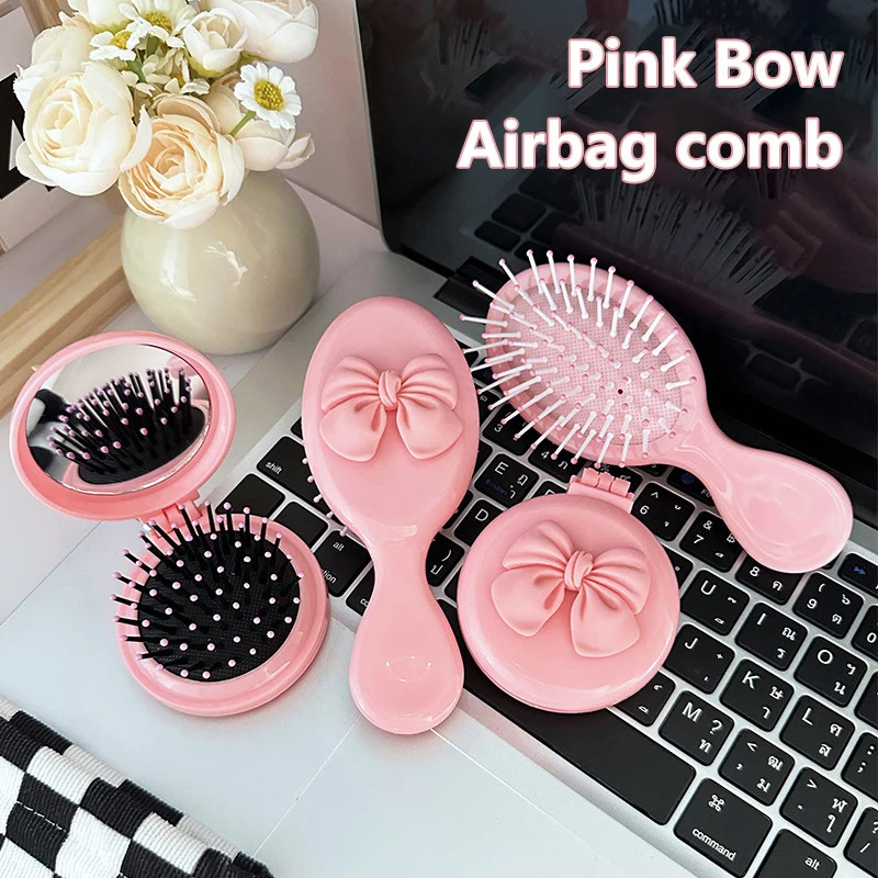 Cute Handheld Folding Massage Comb With Makeup Mirror Travel Portable Plastic Airbag Small Hair Brush Bow Tie Air Cushion Comb 241225