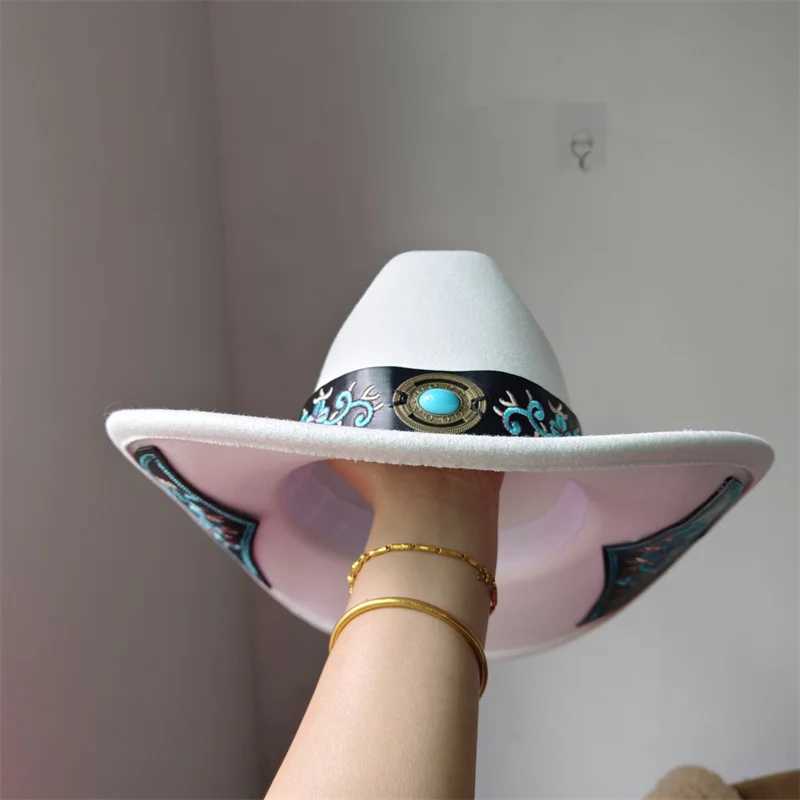 Western style denim hat with white decal denim hat mens and womens Panama hat retro elegant denim hat Sombrero Hombre W241225