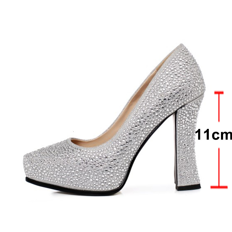 ANNYMOLI Women Platform Thick High Heels Pointed Toe Crystal Party Wedding Pumps Spring Sexy Shoes Black Sier 33-40