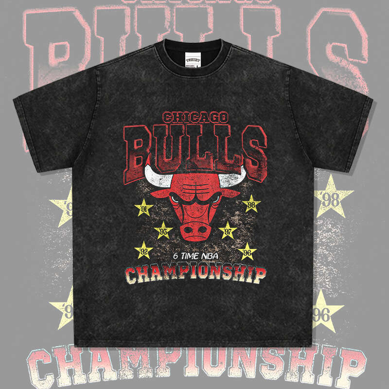 American Bull BULLS printed washed and worn short sleeved men's T-shirt made of pure cotton round neck hooded sweatshirt