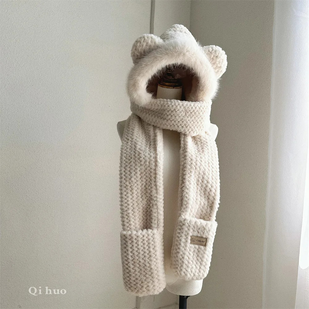 Hat Scarf Gloves three-piece Cap Warm Plush Bib Winter Girl Russian Toboggan Fluffy Knitted Beenies 241225