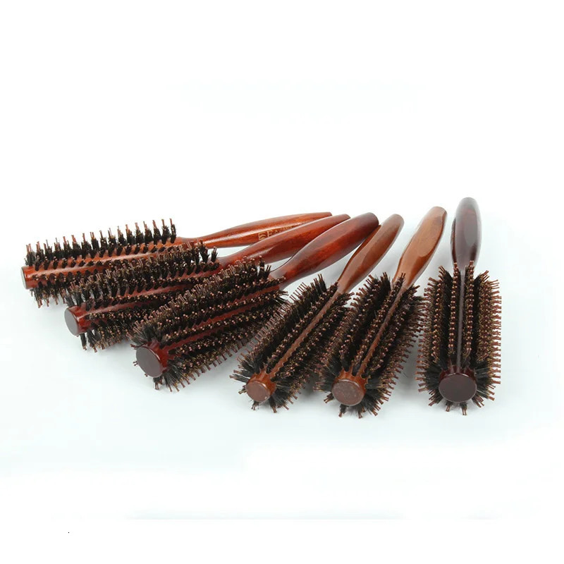 Natural Boar Bristle Hair Curling Comb Straight Twill Rolling Brush Round Barrel Blowing Curling DIY Hairdressing Styling Tool 241225