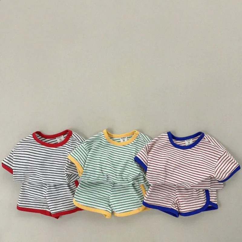 16Yrs Baby Girls Summer Striped Clothes Children Causal Cotton Short Sleeve TShirts Shorts 2Pcs Unisex Boys Loose Tracksuits 241225