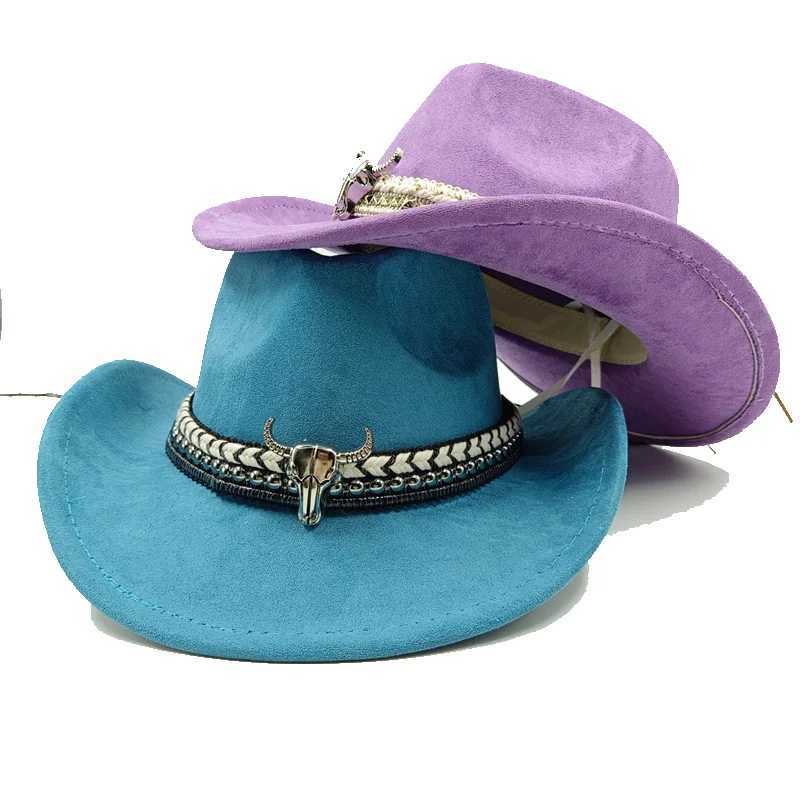 Suede Western Cowboy Hat Cow Head Jewelry Cowboy Hat Monochrome Felt Hat Mens and Womens Large Outdoor Hats Knight Hat W241225