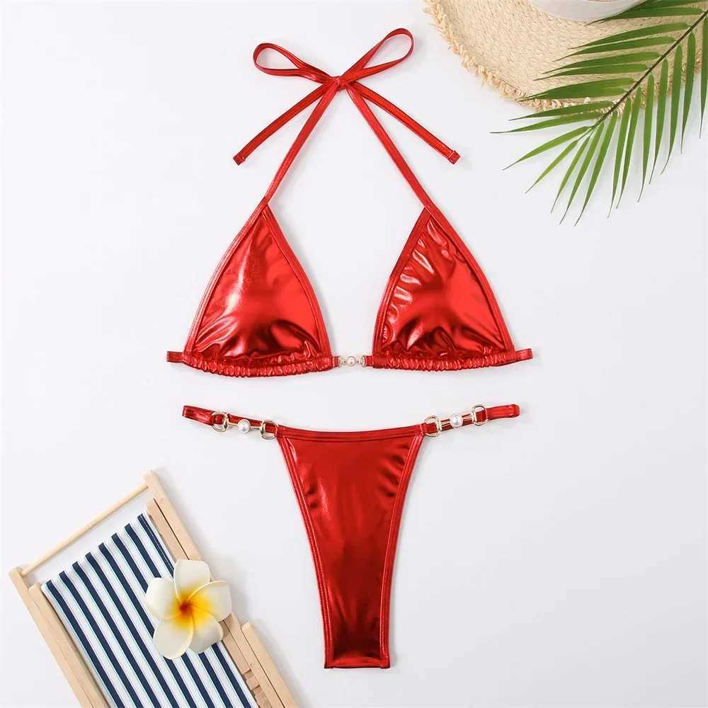 Silver Mini Bikini Beaded Chain Triangle Swimsuit Strap Beaded Backless Swimsuit Y2K Womens Bikini Beach SetW241225