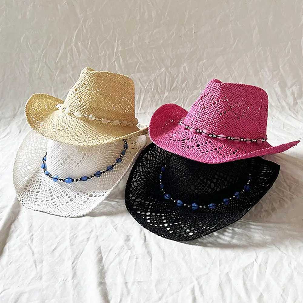Western Cowboy Hat Str Womens Cowboy Hat with Sheeble Brim Bead Heart Decoration Resort Beach Sun Hat W241225