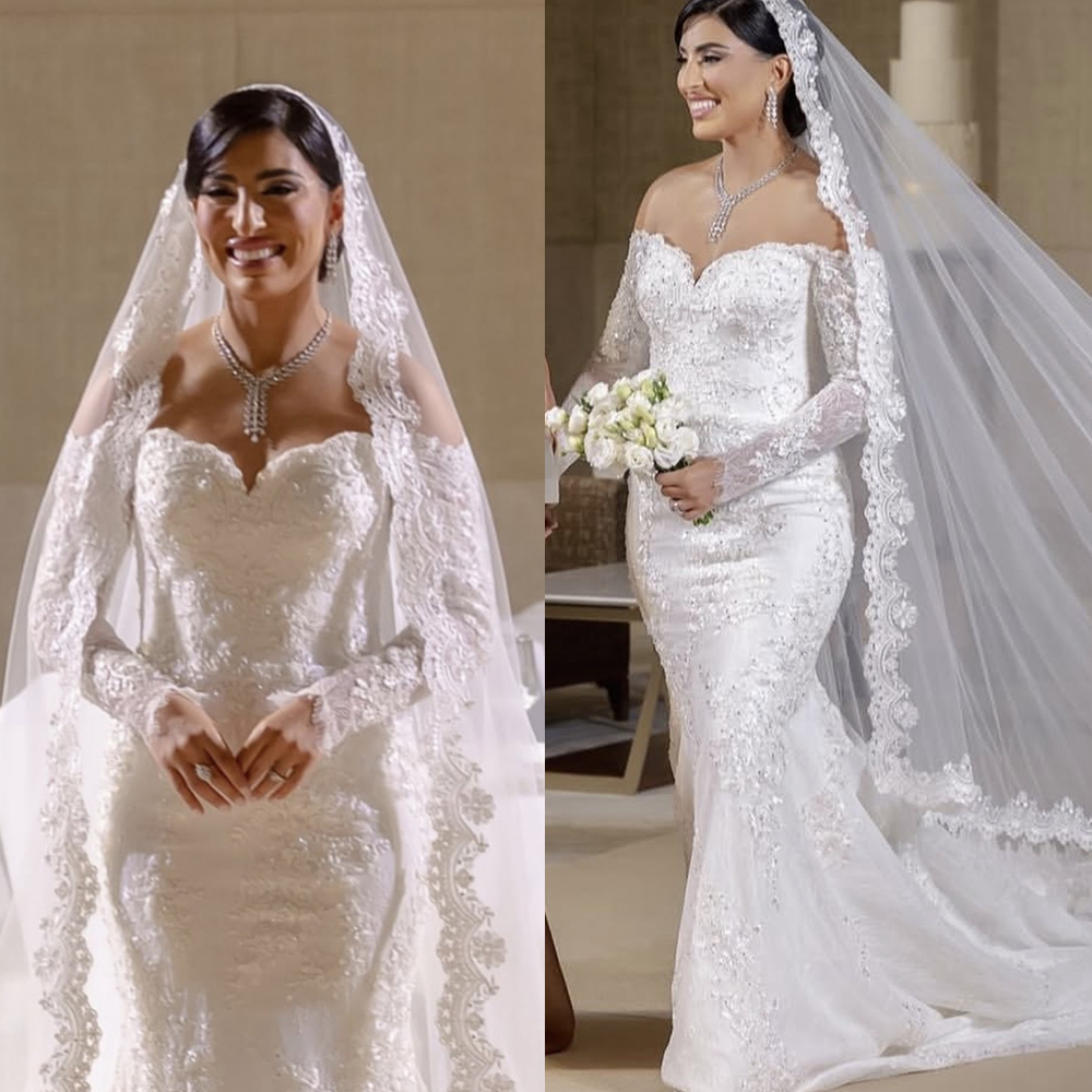 2025 Arabic Elegant Lace Mermaid Wedding Dresses Appliques Off Shoulder Long Sleeves Bridal Gowns Back Lace-up Ivory Tulle Vesstido De Novia