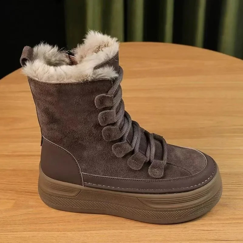 Platform Women Suede Ankle Snow Boots Flats Fur Warm Shoes Winter Short Plush Women Shoes Trend Chelsea Cotton Boots 241226