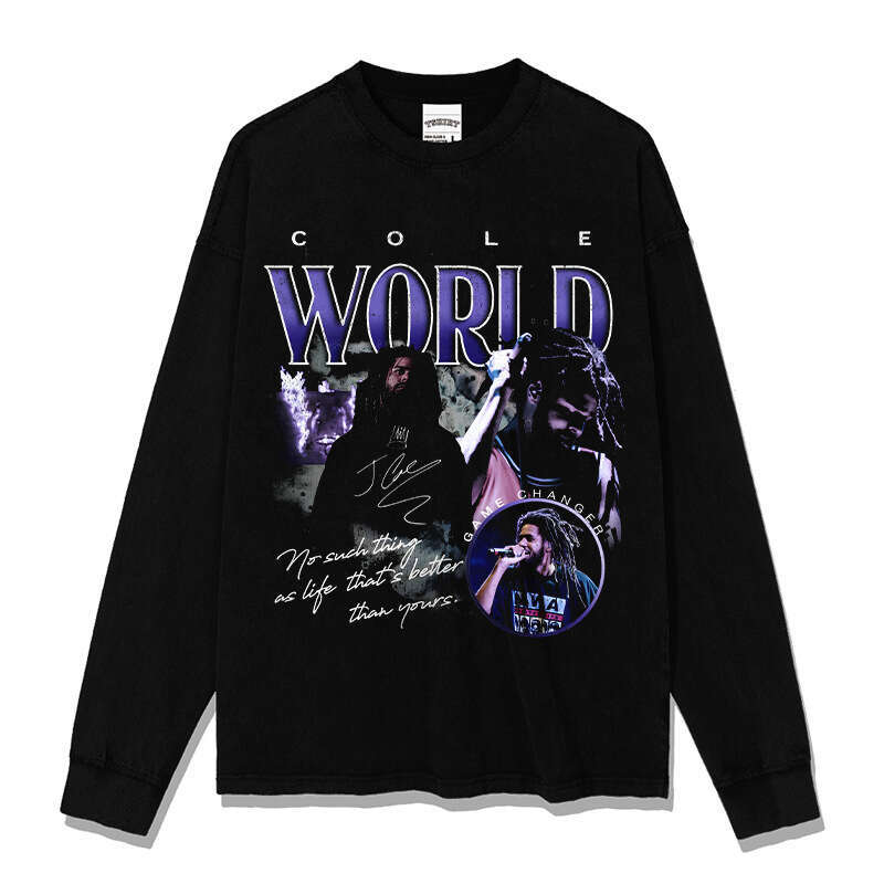 Hip hop J Cole printed short sleeved T-shirt Vintage washed pure cotton round neck hooded sweatshirt