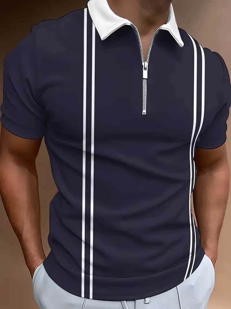 Mens zipper polo shirt with black and white stripes 3D printed retro mens short sleeved plus size street summer polo shirt W241226