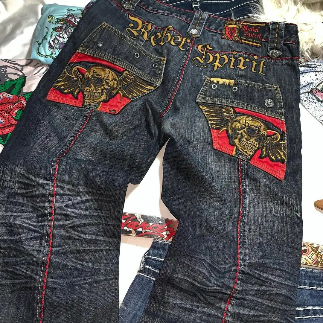 Y2K American Streetwear Gothic Skull Embroidery Wide Leg High Waist Washed Jeans Retro Loose Jeans Patch Pants 241224