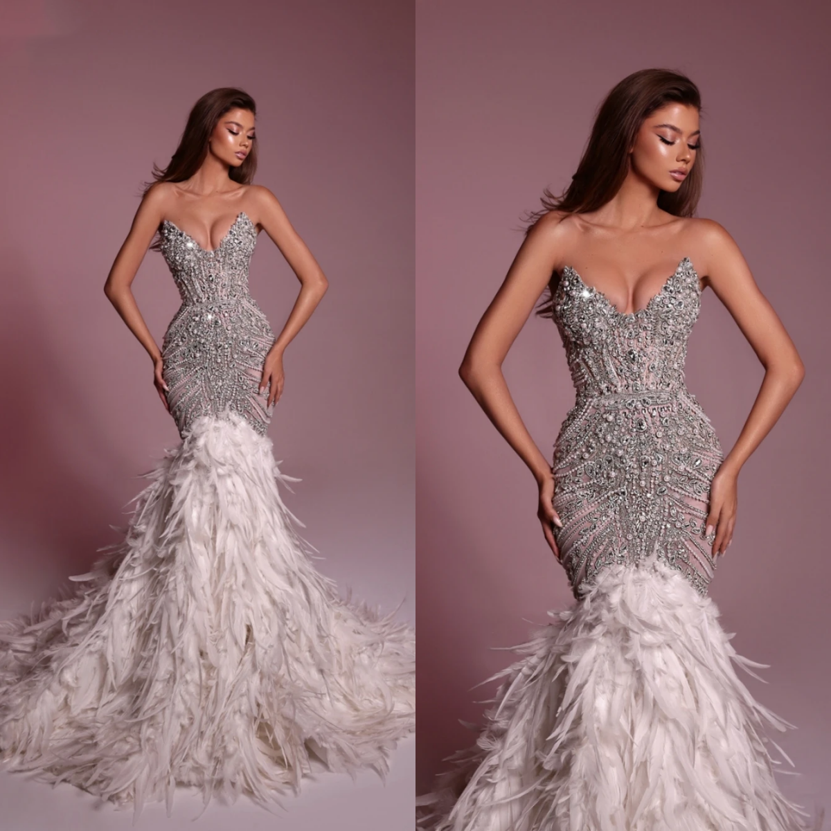 Exquisite Evening Dresses For Women Sweetheart Neck Sleeveless Gown Crystal Sequins Pearls Feather Customized Dress Party