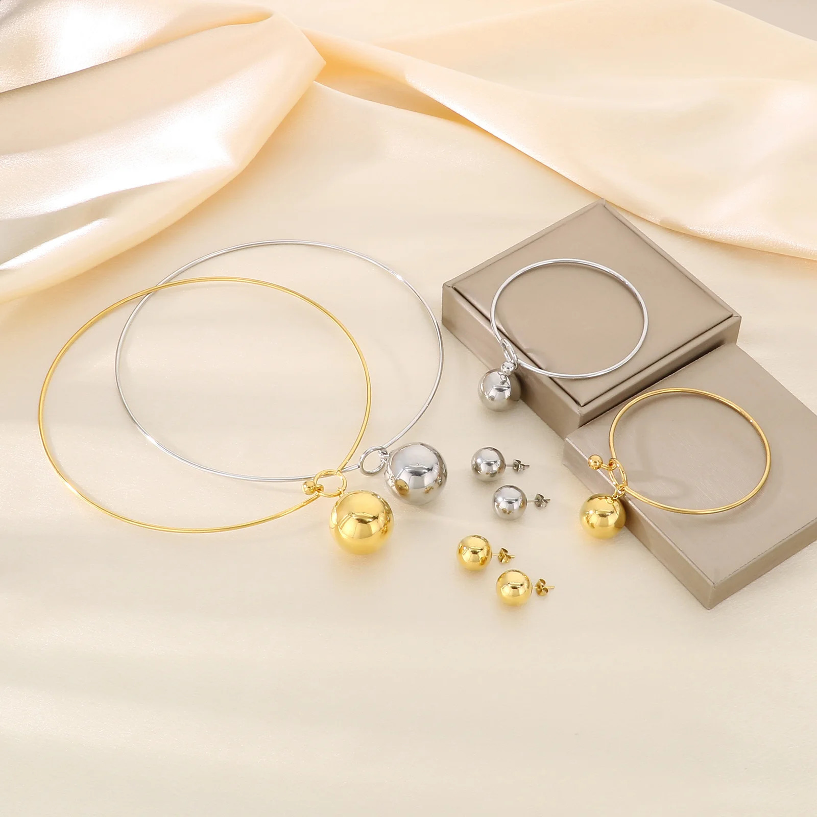 Simple Hollow Round Beads Stainless Steel Sets Bangle Choker Earrings For Women Silver/Gold Color Wedding Party Jewelry 241226
