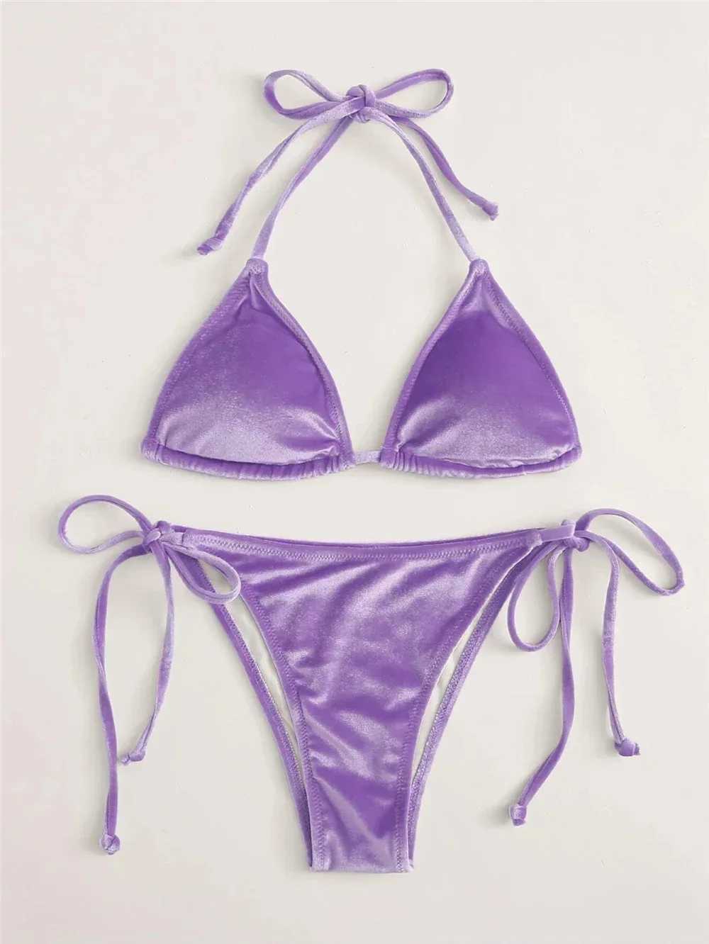 Purple velvet swimsuit sexy suspender triangle bikini set strapless mini thong swimsuit womens Biquini bikini swimsuit setW241225