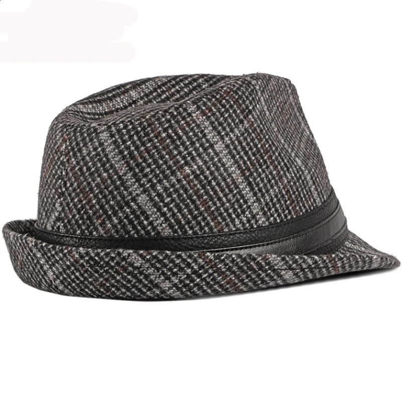 HT2774 Fedoras Autumn Winter Hat Caps for Men Vintage Plaid Wool Hat Retro Gentleman Black Band Fedora Hat Male Trilby Jazz Hat 241226