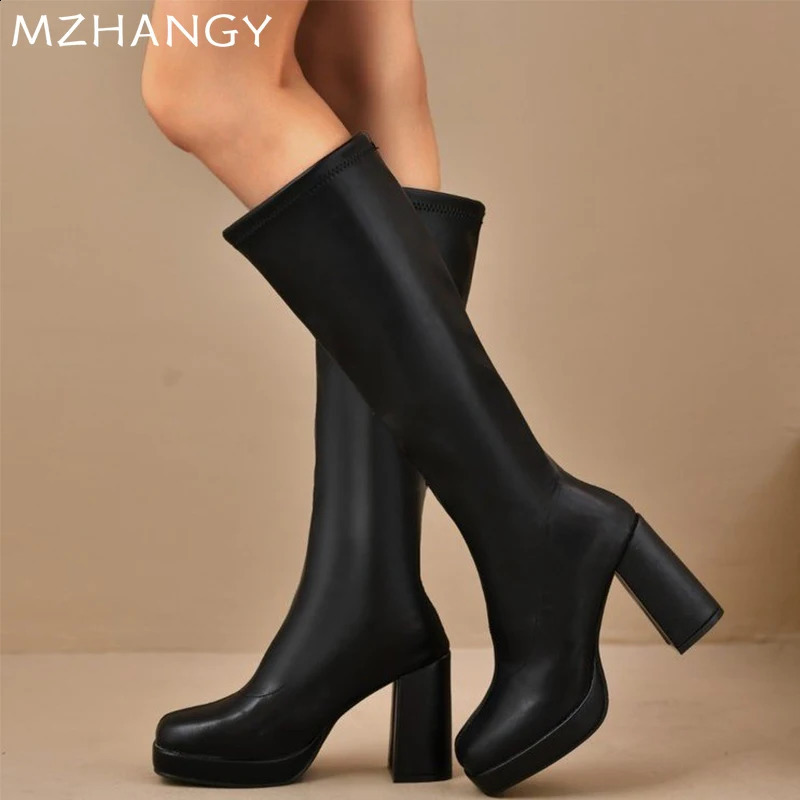 Women Square Toe Leather High Boots Knee High Heels Shoes Woman 2025 Trend Elegant Winter Pumps Motorcycle Boots Mujer 241226