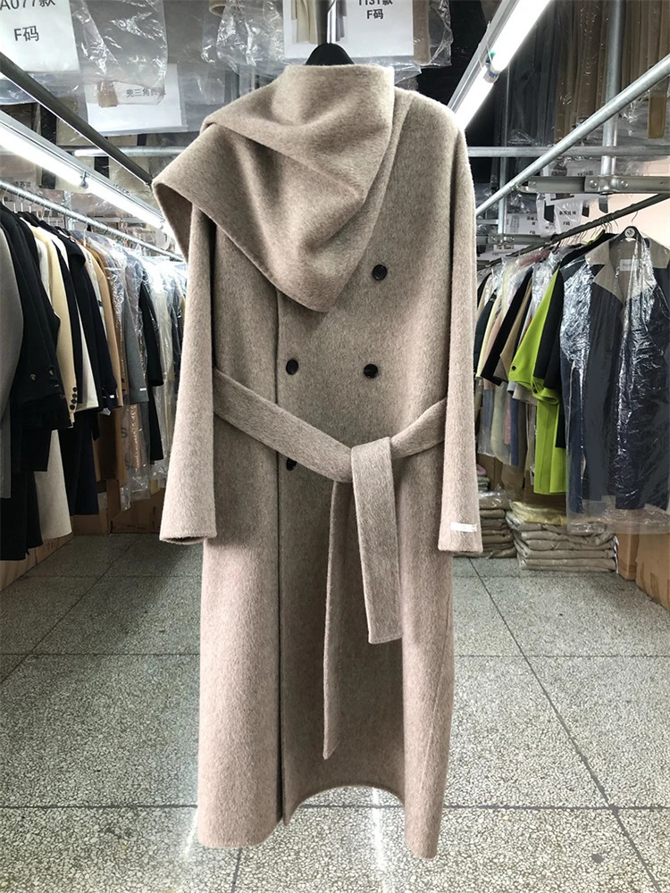 Elegant Big Scarf Collar Double Breasted Wool Coat Women Loose Korean Fashion Cashmere Winter Jacket 241225