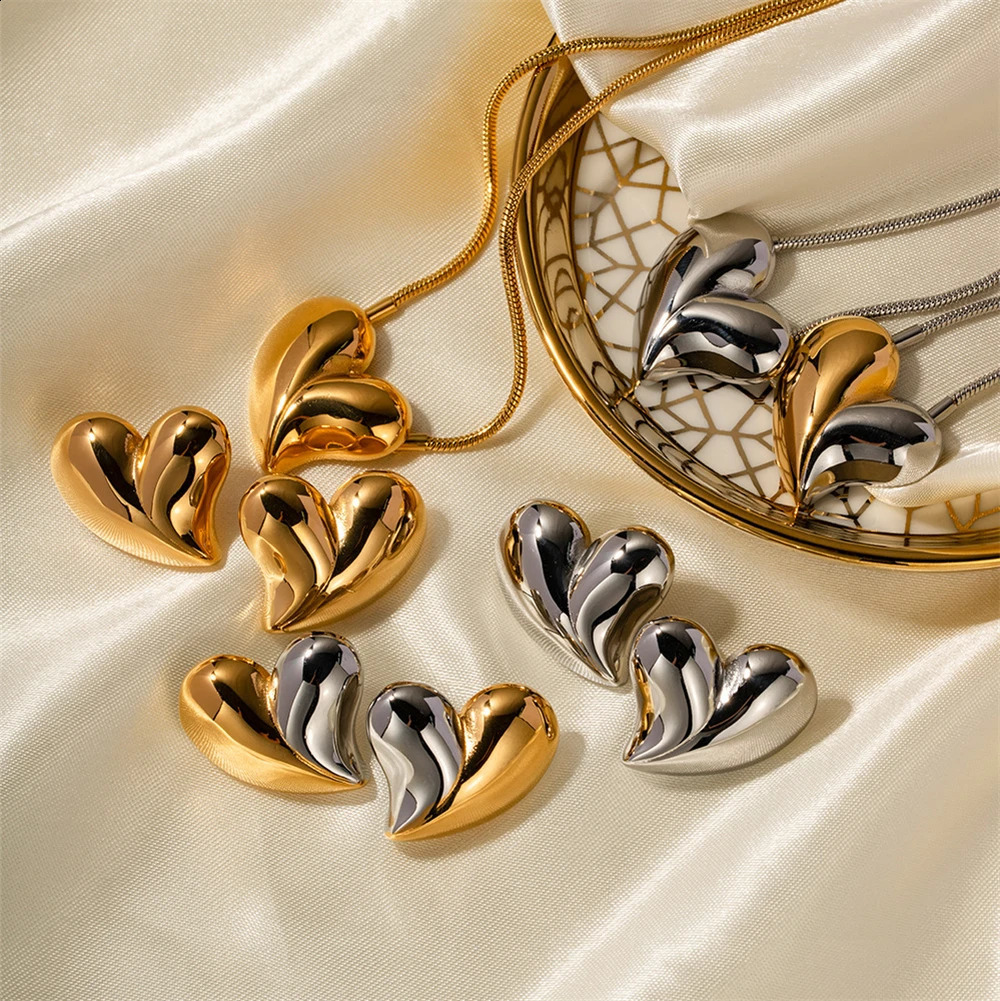 Chunky Love Heart Necklace Earrings Jewelry Set Stainless Steel Stud Earrings Snake Chain Pendant Necklace for Women 241226