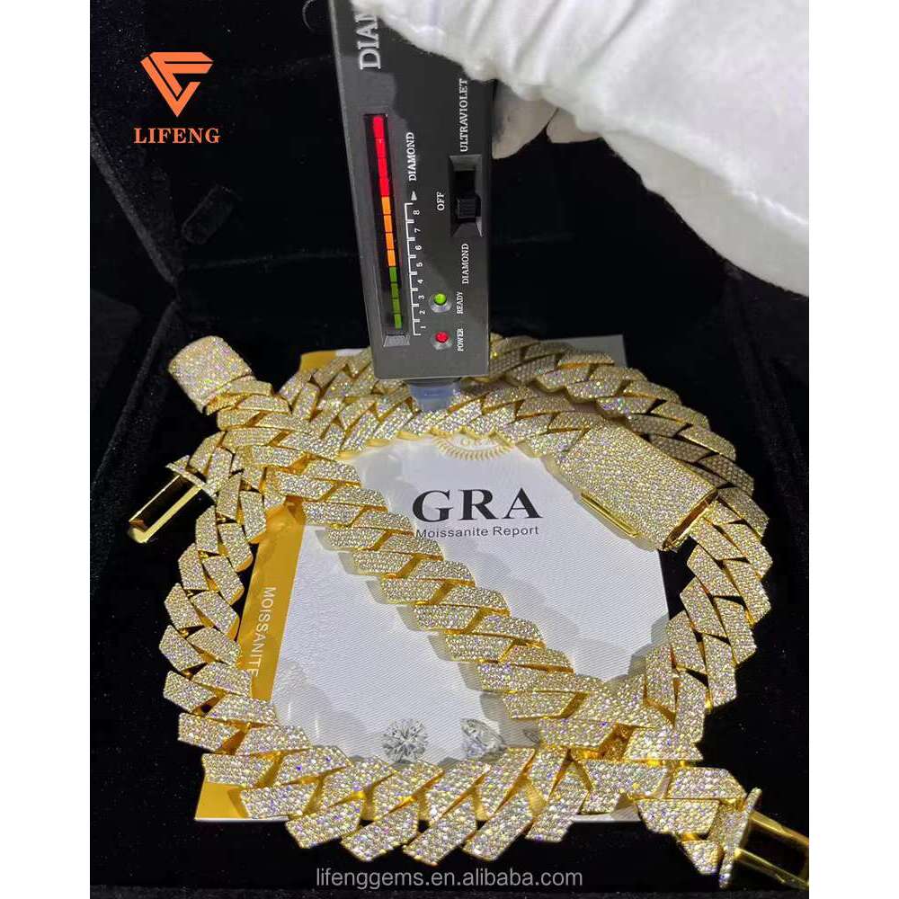 20Mm Gold Iced Out VVS Moissanite Necklace Hip Hop Fashion Jewelry Sterg Sier Cuban K Chain For Men