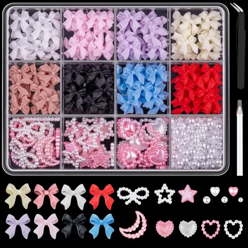 12Grids/box Mixed Resin Bowknot Nail Art Decorations 3D Acrylic Charms Kawaii Colorful Bow Rhinestone DIY Manicure Tools Parts 241226