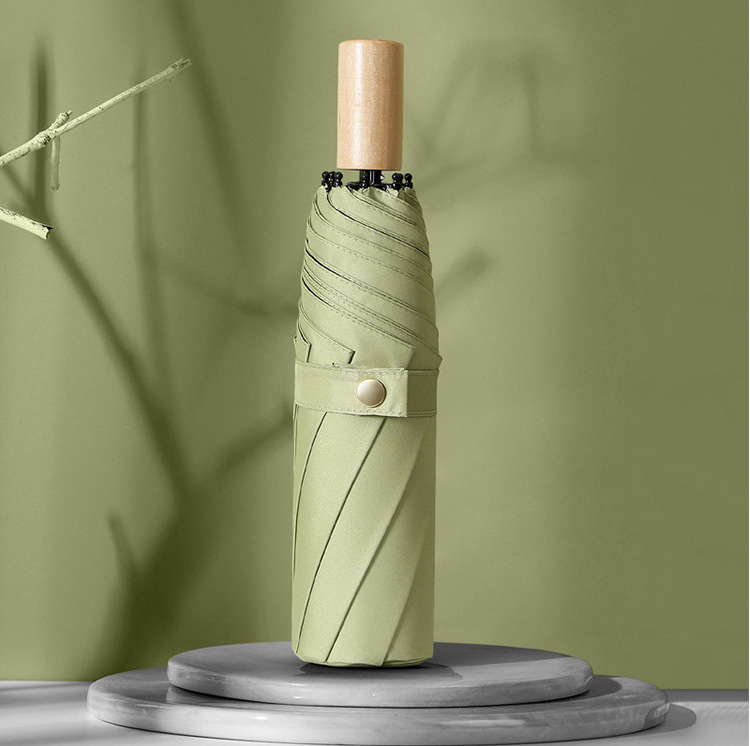 Adorable Triple-Fold Real Wood Handled Umbrella - Protective Against UV Rays with Customizable Advertiser's Mark