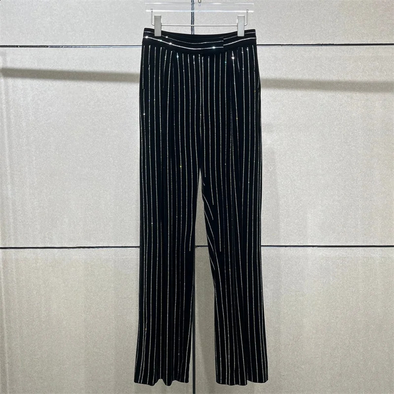 Womens pants Spring shiny rhinestone decorated womens straight leg pants gold velvet slim fit striped suit pants y2k 241224