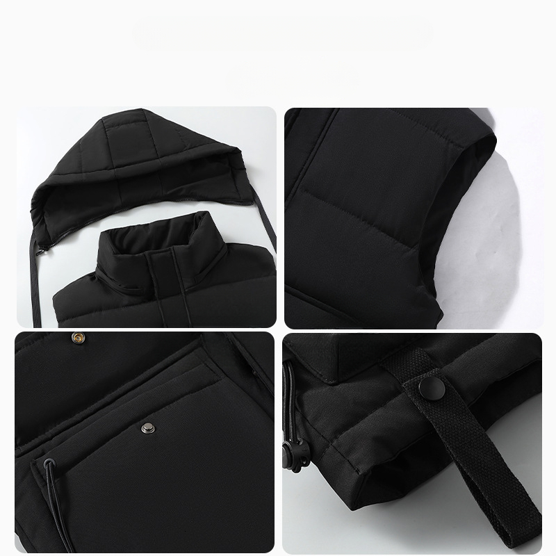 2025 New In Men Sleeveless Jacket Hood Zip-up Thick Warm Padded Vest Classic Golf Work Wear Large Size Big Plus Casual Waistcoat