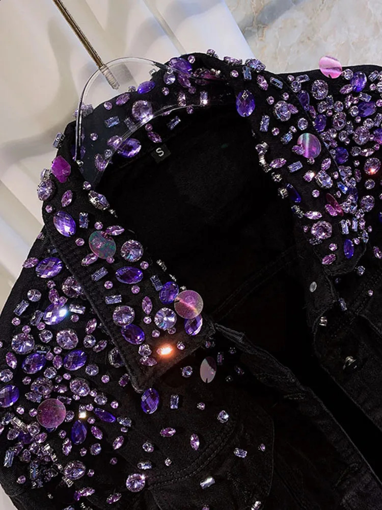 Studded Black Denim Jacket Woman Fashion Model Heavy Industry Rhinestone Beaded Sequins Street Diamond Jean Coat 241223