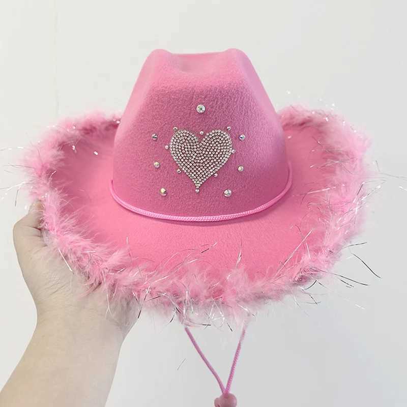 Diamond Heart Feather Cowboy Hat for Womens Western Style Fashion Party Wide Brown Cowboy Hat Plush Decoration Cs W241225