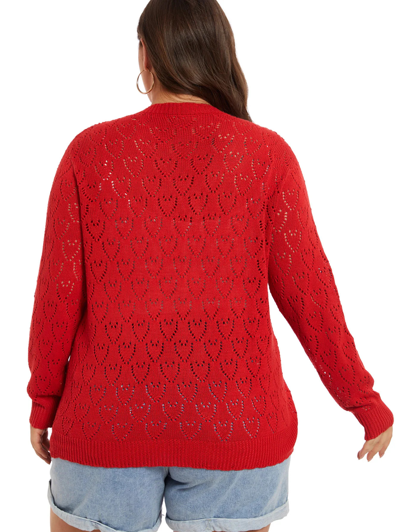 Plus Size Heart Print Long Sleeve Cardigan Womens Slight Stretch Casual Sweater 241225