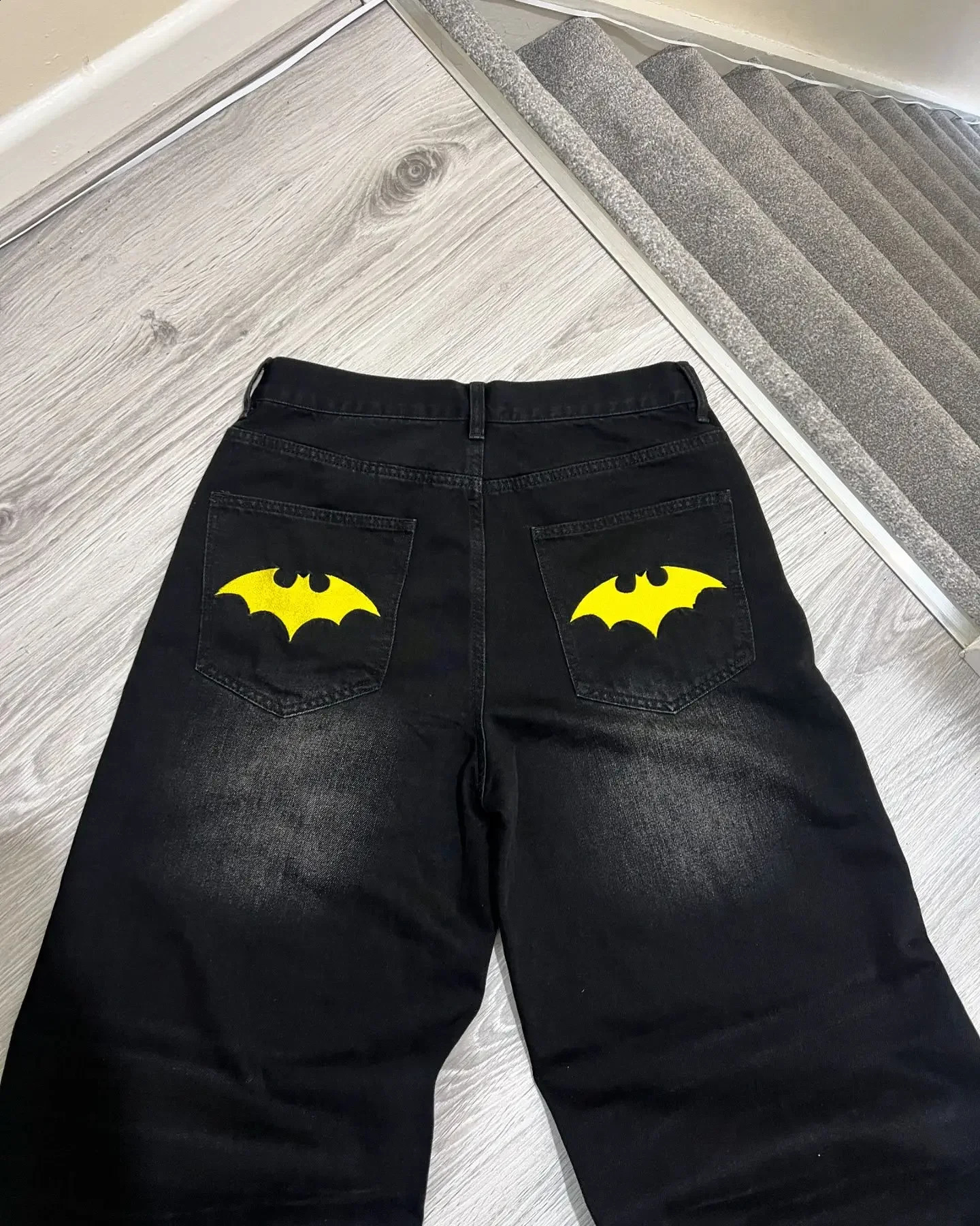 Y2K Bat Animal Embroidery Baggy Jeans Vintage Men Black Washed Hip Hop Goth Denim Pants Fashion Women Straight Wide Leg Trousers 241226