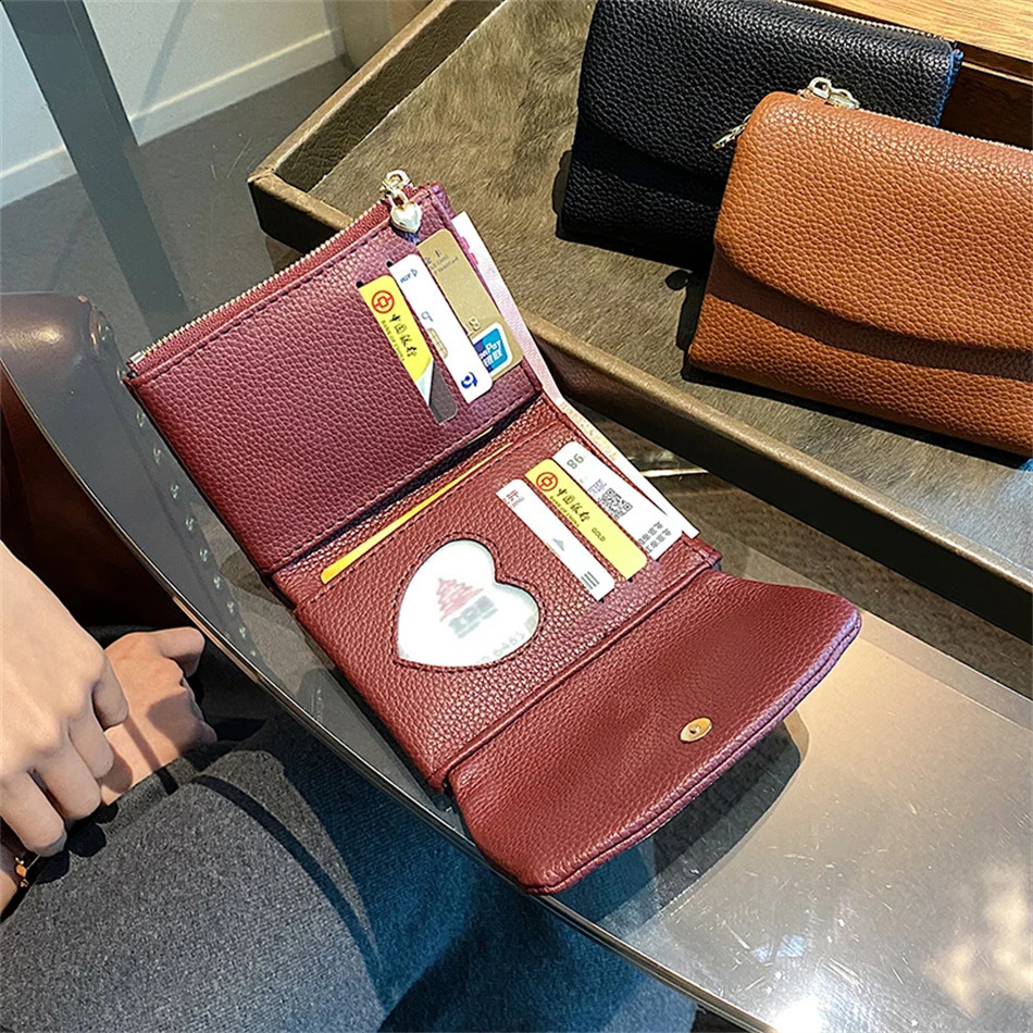 Solid Color Coin Purse Leather Short Wallet Trifold for Small Womens Purses Clutch Card Holder Travel Card Wallets Sac 241224
