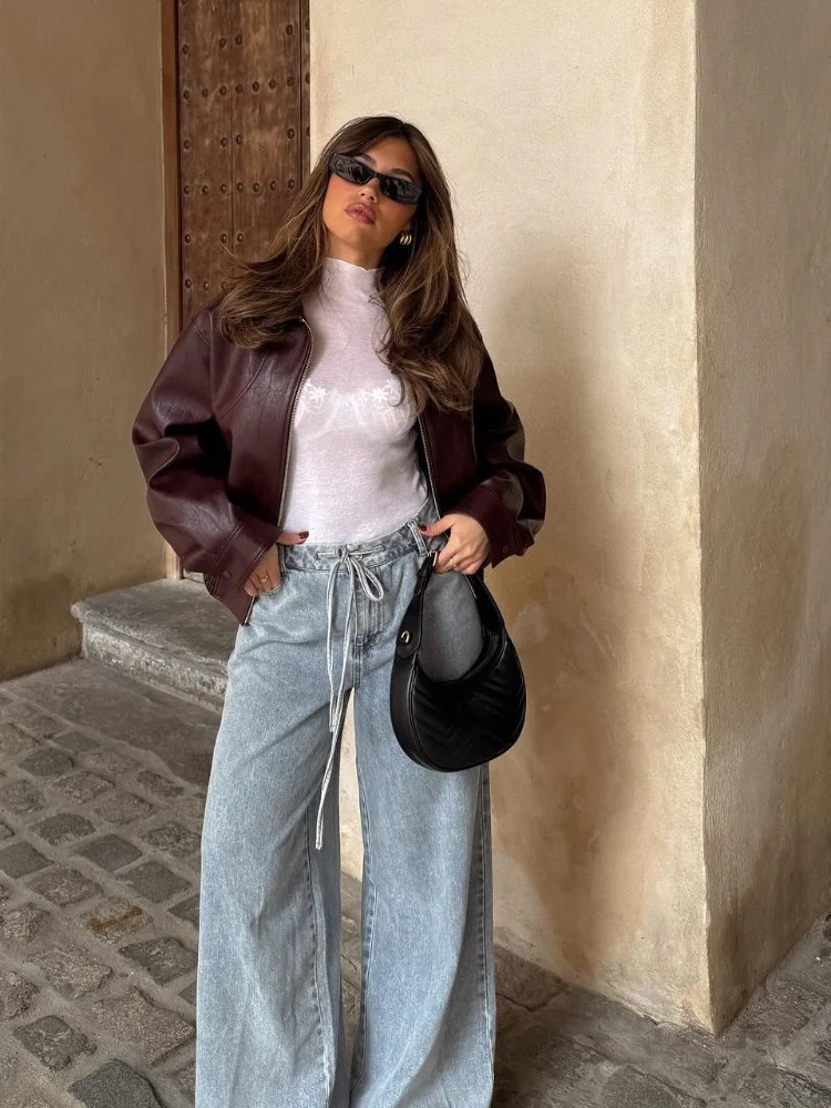 Fashion Solid Pu Leather Womens Warm Jacket Elegant Long Sleeves Zipper Crop Coats Autumn Female 241223