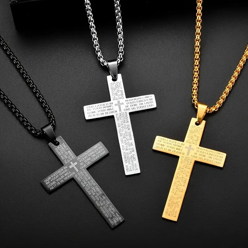 Titanium Steel Bible Cross Pendant Necklace 18K Gold Silver Black Christianity Necklace with Long Chain Stainless Steel Sweater Chain Cross Necklace f