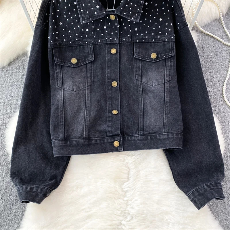 Korean Loose Women Short Denim Jacket Blue Black Diamond Lapel Casual Long Sleeve Spring Autumn Female Jeans Jacket Veste Femme 241223