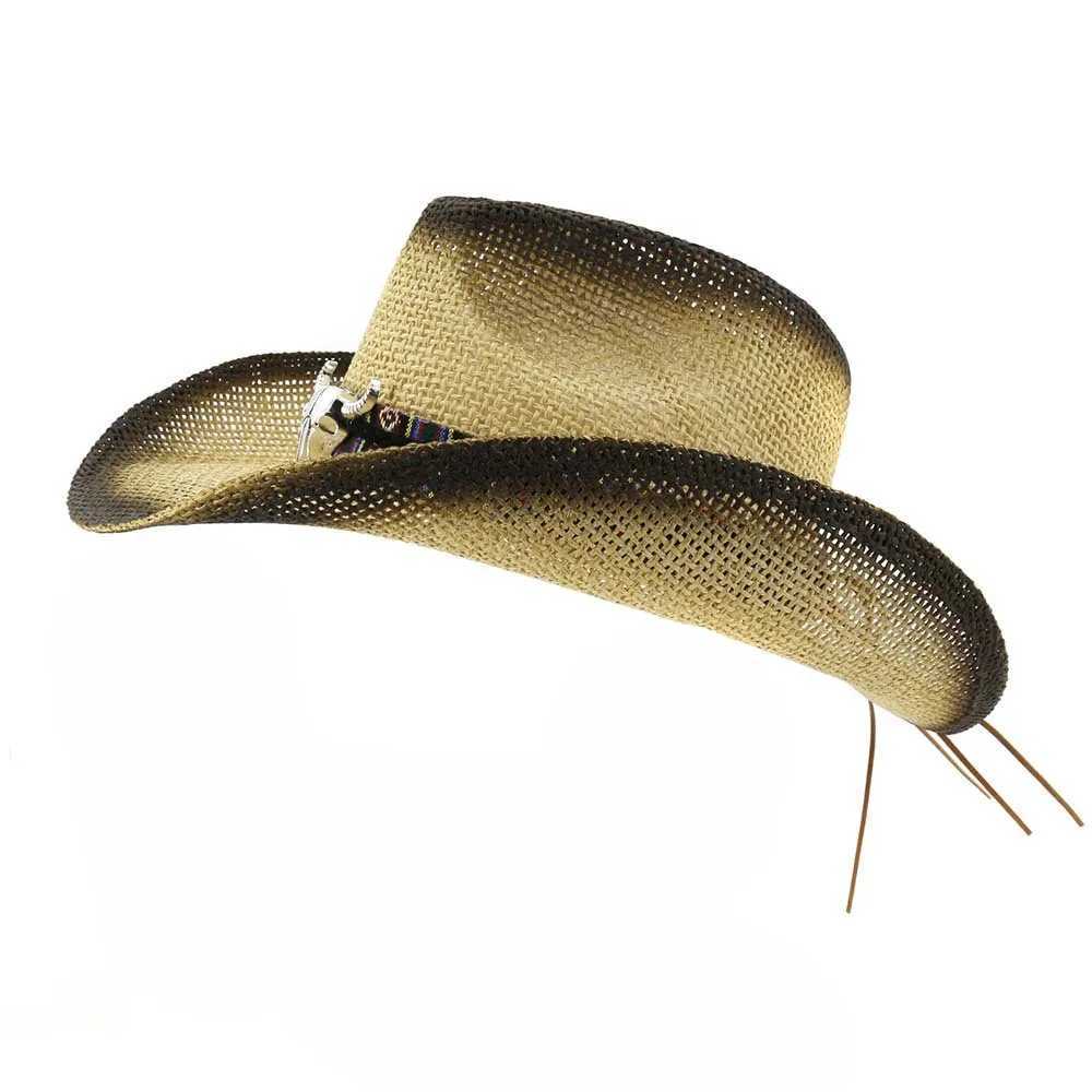 Black spray painted cow head decoration unisex womens Panama style hat wide brown sun visor Cs Per Str cowboy hat W241225