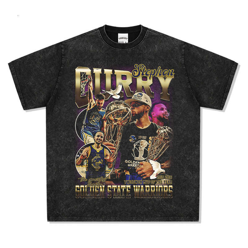 Curry Printed American High Street Long Short Sleeve Loose Washable Old Cotton T-shirt