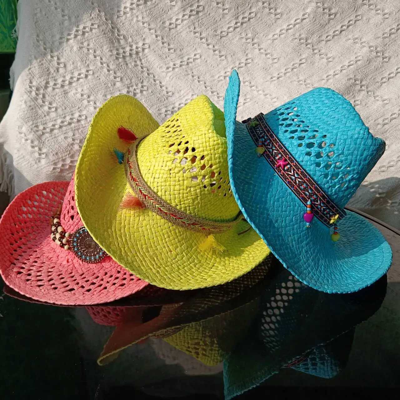 2024 Summer Cowboy Hat Hollow Hand Knitted Mens and Womens Outdoor Travel Beach Hat Unisex Sombrero Hombre W241225